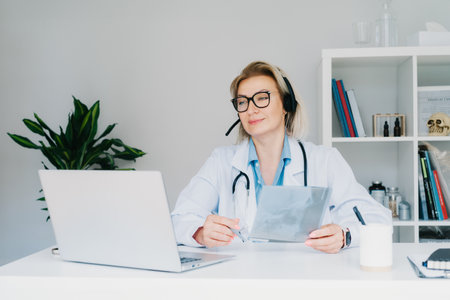 Female doctor in headset make online video call consult patient on laptop. Middle aged woman therapist videoconferencing for domestic health treatment. Telemedicine. Online remote medical appointment.の写真素材