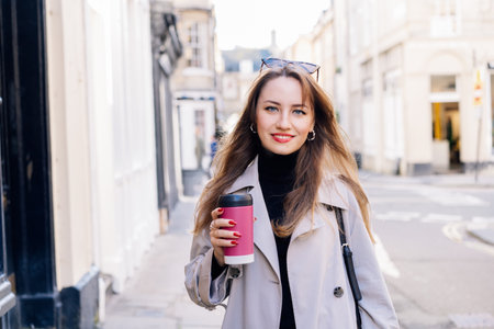 Elegant Young smiling woman in trench coat enjoying hot coffee drink in reusable cup while walking on the city streets. Seasonal fashion style trend. Sustainable everyday lifestyle. Coffee to goの写真素材