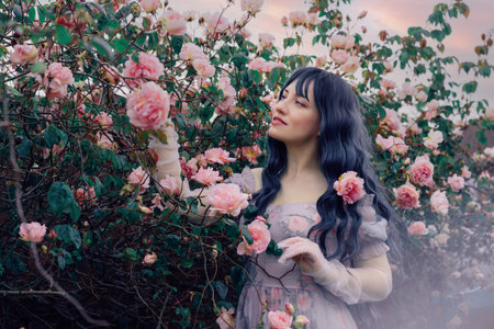 Fairy tale woman portrait. Young beautiful woman Fairy holds pink flower rose on blooming bush background. Hairstyle loose green hair, romantic purple medieval vintage dress. Summer fantasy garden.の写真素材