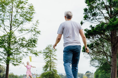 Focus om man with racket playing badminton with young woman in the park. Friends having fun and training outdoors. Enjoying game and natural environment. Adult Outdoor activity. Healthy lifestyleの写真素材