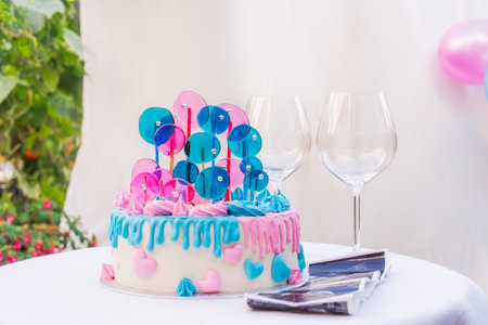 Gender party cake. Boy or girl concept. Baby shower party celebration cake with white chocolate...
