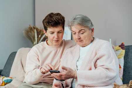 A young woman explaining her senior mother or grandma how to use smartphone. Retired lady discovering mobile technology for calling, texting, buying online, playing games, using medical apps.の写真素材