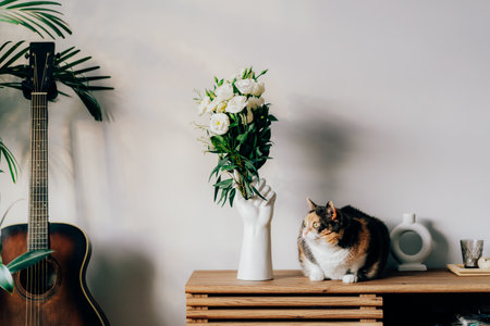 Multicolored cat pet sitting near vase made in shape of human hand on wooden console. Guitar and home plants in sunset light on a gray wall. Cozy home interior design decor details. Selective focus.の写真素材