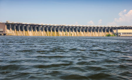 View of the dam from the Dnieper River against the blue skyの写真素材
