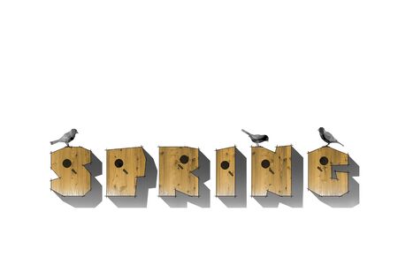 Wooden letters birdhouse word SPRING on white background. Wooden alphabet, words
