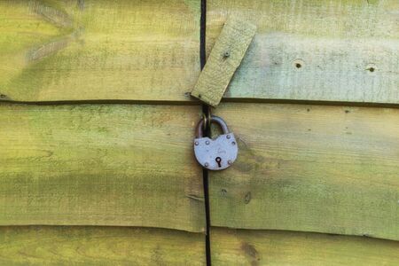 Old shabby green wooden doors with a metal lock. Detail, close-up.