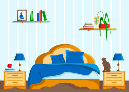 Bedroom for parents, in which the cat sits on the bedside table and looks at the photo with a sailing boat.のイラスト素材
