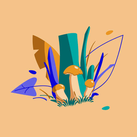 Mushrooms grow near the stump of a dead tree overgrown with grassのイラスト素材