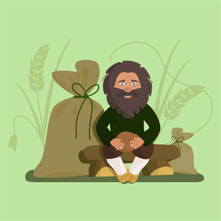 Grandfather sits and rests after work. He baked bread. The illustration is suitable for children's books.のイラスト素材