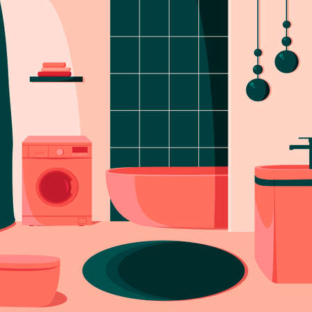 There is a washing machine in the bathroom with a round rug on the floor. The toilet is located against the wall.のイラスト素材