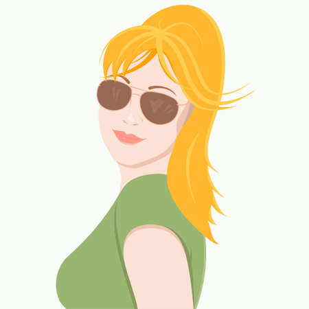 A blonde girl in a green T-shirt stands half-sideのイラスト素材