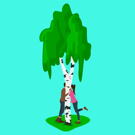 A guy and a girl who are licked stand under a tree and hold handsのイラスト素材