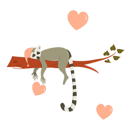 Baby sloth in a nightcap sleeps on a tree branch. Cute cartoon character. Vector illustration Suitable for a poster in a nursery and for other printing.のイラスト素材