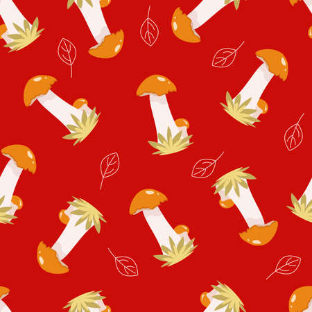 Mushrooms pattern on red backgroundのイラスト素材