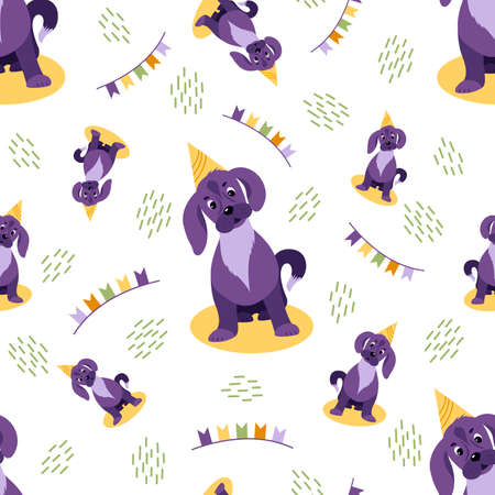 Seamless pattern for holiday gift wrapping. Cute cartoon dog in a cap and with a garland of colorful flags. Suitable for children's textiles.のイラスト素材