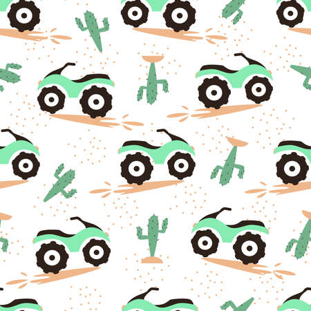 Seamless pattern with green quads and Mexican cacti in the desert and drops of mud on a white background. Suitable for children's clothing, knitwear and packaging.のイラスト素材