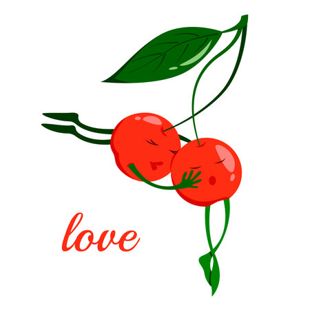 Cute cartoon cherries in love kissing on a branch with a leafのイラスト素材