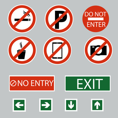 Prohibition Signs and Various warning sign icon Symbol Sign Isolate on White Background.Illustration of red and green exit.Vector illustrationのイラスト素材