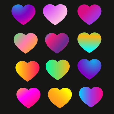 Colorful love icons with gradient on black background. vector illustrationのイラスト素材
