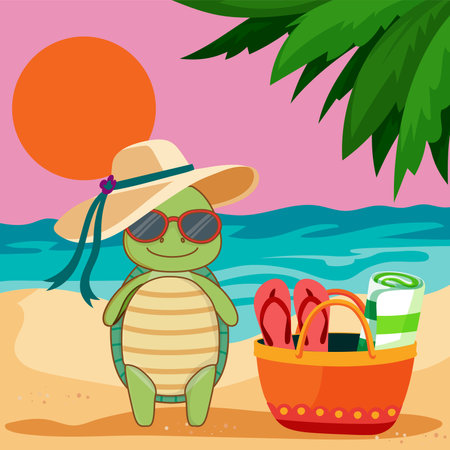 Cute illustration of a turtle on the beach. vacation, travel. vector illustrationのイラスト素材