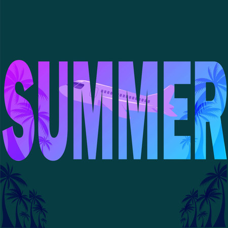 Summer time vector background. It's summer time text with palm trees and airplanes,purple backgroundのイラスト素材
