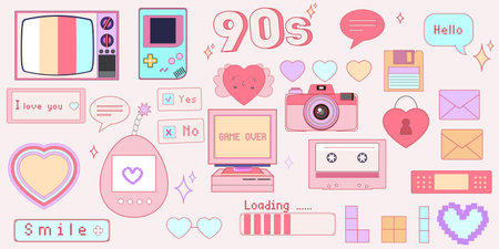 Big cute sticker pack in trendy retro y2k style. Gamer kawaii elements set. old game technology....