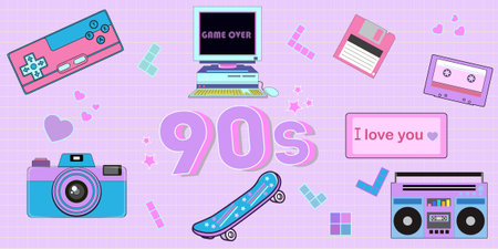 Cute sticker pack in trendy retro y2k style. Kawaii elements set. Glamor 90s. Nostalgia for 1990s-2000s.のイラスト素材