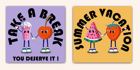 Set of summer retro posters or cards with walking funny cute comic characters. Lettering illustration for t-shirt print. Suitcase, ice cream, cocktail, spf cream, watermelon, poolのイラスト素材