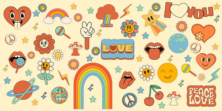 Groovy hippie 70s set. Funny cartoon flower, rainbow, peace, Love, heart, daisy, mushroom etc....