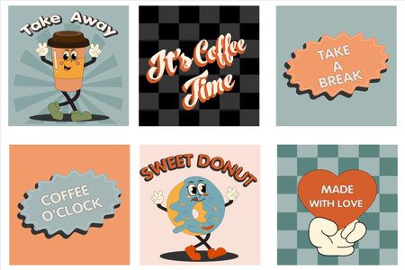 Coffee retro cartoon fast food posters and cards. Comic character slogan quote and other elements for burger bar restaurant. Social media templates stories posts. Groovy funky vectorのイラスト素材