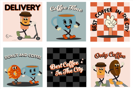 Coffee retro cartoon fast food posters and cards. Comic character slogan quote and other elements for burger bar restaurant. Social media templates stories posts. Groovy funky vectorのイラスト素材