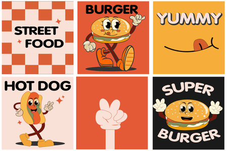 Burger retro cartoon fast food posters and cards. Comic character slogan quote and other elements for burger bar restaurant. Social media templates stories posts. vector illustrationのイラスト素材