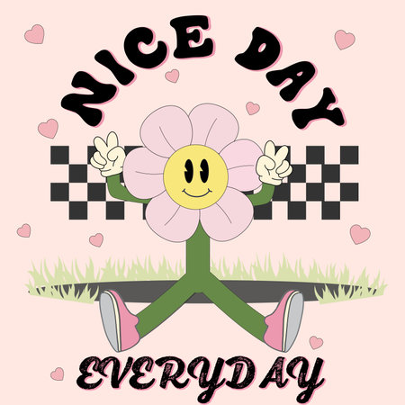 Groovy flower cartoon characters. Funny happy daisy with eyes and smile. Nice day groovy card in trendy retro trippy style. Isolated vector illustration. Hippie 60s, 70s style.のイラスト素材
