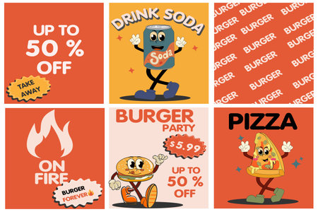 Burger retro cartoon fast food posters and cards. Comic character slogan quote and other elements for burger bar restaurant. Social media templates stories posts. vector illustrationのイラスト素材