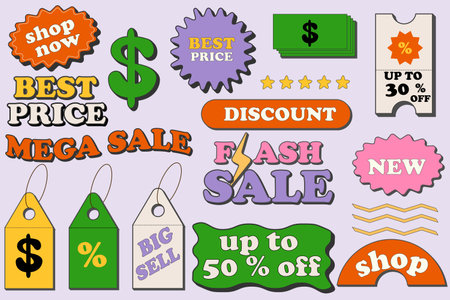 Set of retro sale stickers.Collection for shopping and packaging labels set for graphics design, marketing and product promotion. Vector trendy promo labels, y2k styleのイラスト素材