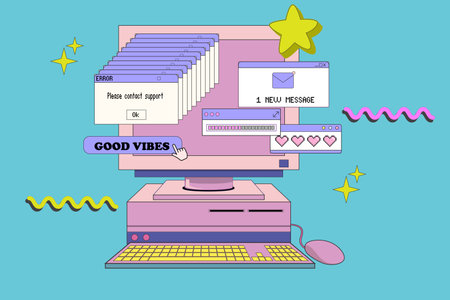 PC with monitor keyboard and mouse in retro style. Computer with user interface elements. Old...