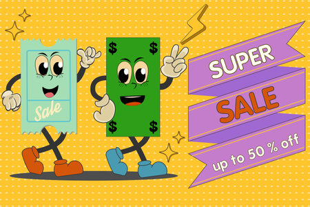 Sale banner, retro groovy discount coupon character with dollar character super sale. Vector pop art background with halftone, abstract geometric shapes. For business, advertising,のイラスト素材