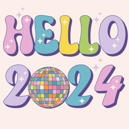 Hello 2024 groovy typography with retro disco ball on beige background. Pink vintage 70s greeting card, sticker, banner. Happy New Year. vector illustratorのイラスト素材