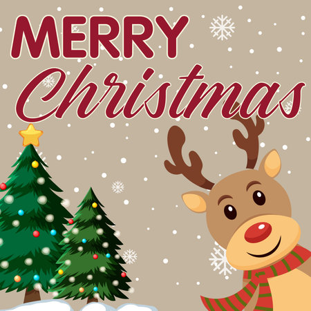 Christmas cute card with holiday deer,christmas trees, snowflakes, light,bells. Merry Christmas card. Winter Holiday Vintage Greeting Card. Vintage Christmas And New Year Decoratioのイラスト素材