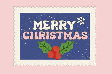 Retro 60s 70s Christmas New Year postal stamp card. Hippie Groovy Xmas sign Merry Christmas. Merry Christmas and Happy New year in trendy groovy hippie style. vector illustrationのイラスト素材