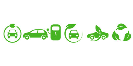 Electric car. Set of green electric car with plug. Electric car charger place. Recharger battery...