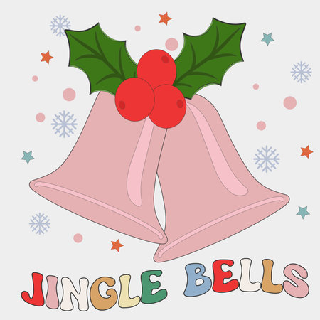 Retro Groovy Hippie Christmas with jingle bell hand drawn greeting card clipart composition, modern 60s 70s retro card, poster, banner design. Vector illustrationのイラスト素材