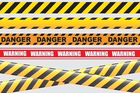 Seamless warning tape collection. Caution hazardous yellow and black diagonal stripes. Set of danger caution seamless tapes. Safety danger signs. Warn Caution symbol. Vector illustrationのイラスト素材