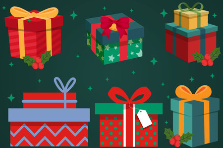Christmas presents different boxes with ribbons. Vector illustrationのイラスト素材