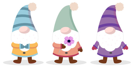 Set of cute garden gnomes. Isolated on a white background. Flat cartoon vector illustrationのイラスト素材