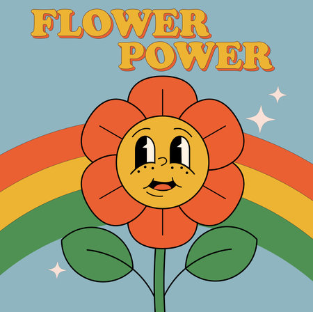 Groovy hippie 70s. Funny cartoon flower. Sticker pack in trendy retro psychedelic cartoon style. Flower power. Good vibes. Stay groovyのイラスト素材