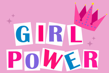 Composition of girl power text with crown on pink background. Vector illustrationのイラスト素材