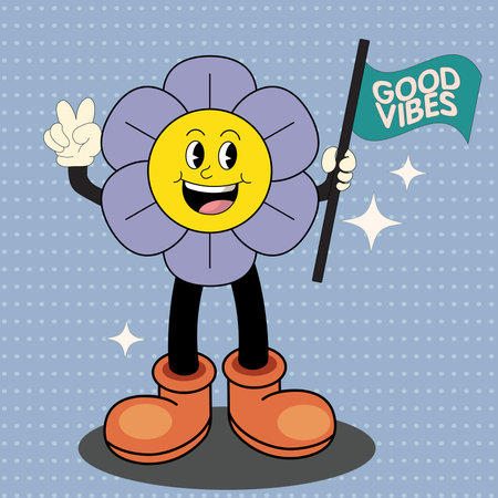 Groovy hippie 70s stickers. Funny cartoon flower. Sticker pack in trendy retro psychedelic cartoon style. Flower power. Good vibes. Stay groovyのイラスト素材