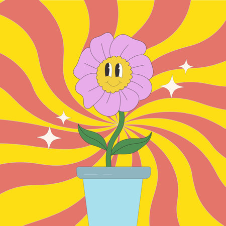 Groovy hippie 70s. Funny cartoon flower. Sticker pack in trendy retro psychedelic cartoon style. Flower power. Good vibes. Stay groovyのイラスト素材