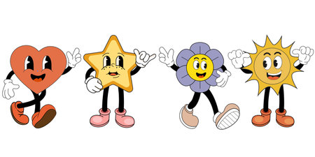 Set of retro cartoon stickers with abstract comic characters. Modern illustration with cute comic mascots. Vector illustrationのイラスト素材